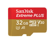 SanDisk Extreme Plus 32 GB MicroSDHC Memory Card, SD Adapter With A1 App Performance And Rescue Pro Deluxe, Up to 95 MB/s, Class 10, UHS-I, U3, V30