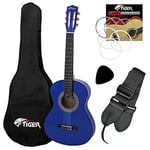 TIGER CLG4 Guitare classique pour enfants gaucher 3/4 - Guitare espagnole 3/4 avec sac, cordes de rechange, sangle et médiator, idéal pour les 9 à 11 ans - Bleu