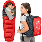 Trail Kids Sleeping Bag Mummy Shape 3 Season Camping 300gsm Boys Girls with Lightweight Rucksack Bag (Red)