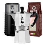 Bialetti Moka Express 6 Koppar mokabryggare Inkl. House of Barista Elektrisk Kaffekvarn & Rigtig Kaffe Organic Peru 400g