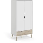 Armoire - Blanc / Chêne - 2 portes / 2 tiroirs - Piètement évasé en bois massif - Chambre - 98,7 x 58,1 x 200,1 cm