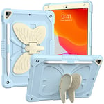 Coque pour iPad 10,2" 2021/2020/2019 avec bandoulière, Coque de Protection résistante aux Chocs avec Support Papillon pour 9e/8e/7e génération, Blanc + Bleu Clair