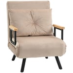 HOMCOM Fauteuil Convertible 3 en 1 chauffeuse lit 1 Place Dossier réglable 5 Positions, accoudoirs en Bois et Coussin, Tissu Effet Velours, Beige