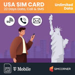 USA Travel SIM Card (5G/4G Data, 22 Days) - 3-in-1 Data SIM Card - Standard, Micro & Nano SIM Card - Unlimited Calls & SMS to US, Hawaiian Mobiles & Landlines