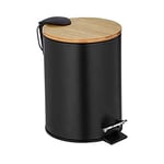 WENKO Poubelle à pédale Tortona avec frein de chute Easy-Close, Mini poubelle salle de bain 3L, Acier - bambou,17x23,5x21 cm, noir - marron