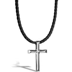 SERASAR Collier Cuir avec Croix pour Homme, Collier Argent Avec Croix Chrétienne pour Homme, Pendentif Croix en Acier Inoxydable pour Homme, Collier Croix pour Homme 50cm, Cadeau pour Petit Ami, Mari