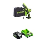 Greenworks 24V Mini Tronçonneuse 10cm Tronçonneuse à batterie sans fil alimentée par batterie de 4 Ah, vitesse de chaîne de 7,8 m/s, pour branches d'arbres, coupes de jardin, cour et usage domestique.