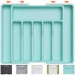 Lifewit Range Couverts, Plateau d'Ustensiles Extensible pour Tiroir, Organisateur de Tiroir Réglable pour la Cuisine, Rangement Compact en Plastique pour Cuillères, Fourchettes, Turquoise