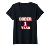 Womens Happy Sober 1 Year Cool Anniversary Red Sobriety V-Neck T-Shirt