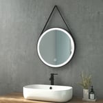 Heilmetz - Miroir Salle de Bain Rond led 50 cm Diamètre, Miroir Salle de Bain avec Interrupteur Tactile, Monture Noire et Bandoulière réglable