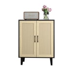 Meuble Rangement 2 En 1  Bois  Rotin + Buffet Haut Noir Salon Chambre Bureau