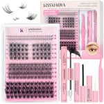 LYMYBETY Fluffy Individual Cluster Eyelashes Mix10-16mm 136 Wide Stem Clusters & 22 Invisible Band Lower Lashes & Lash Bond and Seal & Lash Remover & Lash Glue & Tweezers (3+1 Pro Kit2, Mixed 10-16mm)