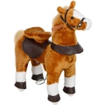 Porteur cheval pour enfant +3 ans cheval debout en peluche 4 roulettes effet sonore marron blanc