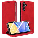 QHOHQ Coque pour Samsung Galaxy A15 4G/5G +Protection écran, [RFID Blocage], Etui Protection Housse Premium en Cuir PU, [Emplacements Cartes] Magnétique Flip Case, Anti-Vibration (Fantaisie) - Rouge