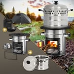 Bbqboss Four-fusée avec Poêle à Griller, en Fonte, Réchaud de Camping à Bois, avec Sac de Transport, Argent, Marmite en Acier Inoxydable ø 24cm, 6,8