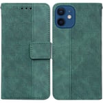 Yhteensopiva Iphone 12 Case Premium Pu -nahkaisen geometrisen kohokuvioidun läppätyn lompakon suojuksen kanssa -jalustan ominaisuus - vihreä