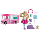 Barbie 3-in-1 DreamCamper Vehicle - Transforming RV Playset with Pool,Truck & Boat 60 Accessories 5 Living Spaces 3' Length Gift For Kids 3+ & FWV20 Chelsea Doll and Travel Set with Puppy,Multicolored