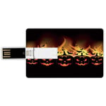 32G USB Flash Drives Credit Card Shape Vintage Halloween Memory Stick Bank Card Style Happy Halloween Image with Jack o Lanterns on Fire with Bats Holiday Decorative,Black Scarlet Waterproof Pen Thumb