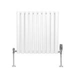 Radiateur à Colonne Ovale 600 x 600mm & Robinet Thermostatique Chromé, Chauffage Moderne Horizontal en Acier au Carbone Blanc Brillant, Cuisine Salle de Bain [Brosse, Attaches & Supports INCLUS]