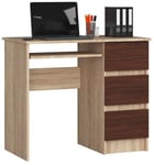 Bureau d'ordinateur AKORD droit A6 Chêne Sonoma 90 cm 3 tiroirs façade Wengé 1 étagère 90x50x77 cm