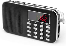 J-908 Poste Radio Portable AM/FM,Petite Radio Portable Rechargeable avec Batterie Rechargeable de 1200mAh,Transistor Radio avec éClairage de Secours,Mini USB/SD/AUX (Noir)(Q114)