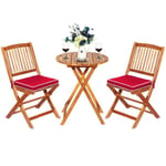 COSTWAY 3PCs Salon de Jardin Pliable en Bois d'Acacia - 1 Table, 2 Chaises, 2 Coussins Rouge Amovibles - Salon, Terrasse, Bistrot