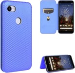 Compatible Avec Coque Google Pixel 3a Xl, Mince Flip Fibre De Carbone [Test De Chute] Antichoc Stand Fente Avec Carte, Protecteur D'écran En Verre Trempé*2-Bleu