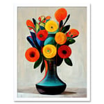 Midcentury Style Bright Floral Bouquet Flowers Painting Orange Yellow Red Turquoise Art Print Framed Poster Wall Decor 12x16 inch