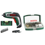 Bosch Cordless Screwdriver IXO Spirit Level Set (7th Generation; Set Including Mini Spirit Level with Micro USB Cable; Boxed) + 32pc. Screwdriver Bit Set (PH-, PZ-, Hex-, T-, TH-, S-Bit, Accessories)