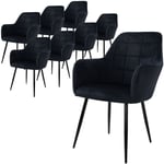 Lot de 8 Chaises de Salle à Manger avec Dossier et Accoudoirs, Noir, Chaises de Cuisine avec Revêtement en Velours, Pieds en Métal Noir, Chaises