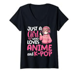 Womens Just a Girl Who Loves Anime and K-Pop Anime Merch Japanese V-Neck T-Shirt