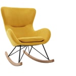 Rocking chair scandinave en tissu effet velours jaune moutarde, métal noir et bois clair eskua