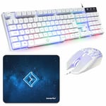 Combrite Raptor White Gaming Keyboard And Mouse Set With Large Mouse Pad, Rainbow LED Illustrated Keys, USB Wired Desktop Combo, UK Layout, For PC, Laptop, PS4, Xbox One