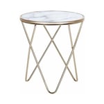 Beliani - Table d'Appoint Ronde avec Plateau en Verre Imitation Marbre Blanc et Structure en Métal Doré pour Salon Moderne et Glamour