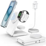 Mag-Safe Charger Stand for iPhone 16/15/14/13/12, 3 in 1 Wireless Charging Station for Apple Watch 10/9/8/7/6, Magnetic Wireless Charger Dock for AirPods 4/Pro/3/2 (White-Mag safe)