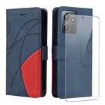 jrester Coque pour Xiaomi Redmi Note 12 4G, Couleur Combinaison (Bleu et Rouge) Modèle PU Cuir à Rabat Flip Housse Étui avec Un Verre Trempé Film Protection Écran pour Xiaomi Redmi Note 12 4G