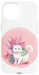 iPhone 15 Cute white cat,pink background,flowers art Case