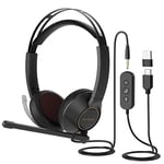 Nuroum HP11-DU USB Headset with Microphone for PC Laptop, 270° Rotatable Boom Mic, USB A/Type-C/3.5mm to PC/Mac/Mobile, Works with Zoom/Teams for Calling/Conference/Music, Dual-Ear Headphones(Stereo)