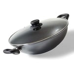 STONELINE Wok 28cm, avec couvercle, fonte d'aluminium, poêle wok revêtue de vraies particules de pierre, gris, cuire et rôtir sans graisse ou huile, grand wok induction