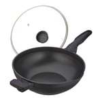 Relaxdays wokpanna med lock, D: 30 cm, aluminium, non-stick, handtag, för gas- och elugn, svart