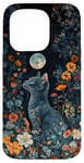 Coque pour iPhone 15 Pro Russe Bleu Chat Lune Fleurs Cottagecore