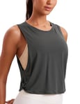 CRZ YOGA Pima Cotton Summer Gym Sleeveless Vest Tops for Women Light Elastic Running Crop Top Loose Crew Neck Yoga Shirt Olive Grey 10