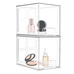 Lot de 2 Tiroirs de Rangement Empilables, 19,05x15,24x16,7 cm, Organisateur Maquillage Transparents avec 16 Tapis Antidérapants, Boite en Plastique avec Couvercle, pour Coiffeuse Salle Bain Bureau (A)