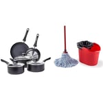Amazon Basics 8-Piece Non-Stick Cookware Set, Black & Vileda SuperMocio Microfibre and Cotton Mop and Bucket Set, Mop for Cleaning Floors