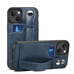 Protective Mobile Phone Case Flip Case Leather Wallet Card Slots Hand Strap Back Case Stand for iPhone 13 Mini Blue