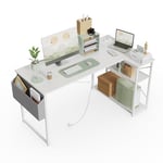 BEXEVUE Bureau d'angle avec Multiprise Intégrée - 100x70cm Petit Table Ordinateur Forme L Etagères Rangements, Bureau Informatique Angle Réversible pour Etudier Travailler Chambre Domicile Blanc