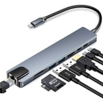 USB-C-hub med 8 uttak for USB, UBC PD, HDMI, RJ45, micro-SD Grå