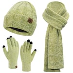 Femme Hiver Chaud Tricoter Bonnet Chapeau Gants Tactiles Longue Echarpe Ensemble avec Doublure Polaire Casquette Crâne, Vert