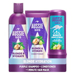 Aussie Blonde Hydration Vegan Purple Shampoo, Conditioner And 3 Minute Miracle Hair Mask Set, Silver Toner, Neutralises Yellow & Brassy Tones for Hydrated Hair.