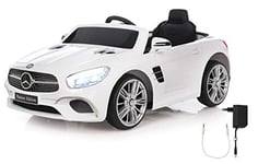 Jamara 460438-Ride-on Mercedes-Benz SL 400 Blanc 12V-Démarrage sans clé par Bouton, Logement Micro SD, AUX, USB, Lumière LED, Klaxon, Accu Puissant, Roues Ultra-Grip, 460438, Weiß